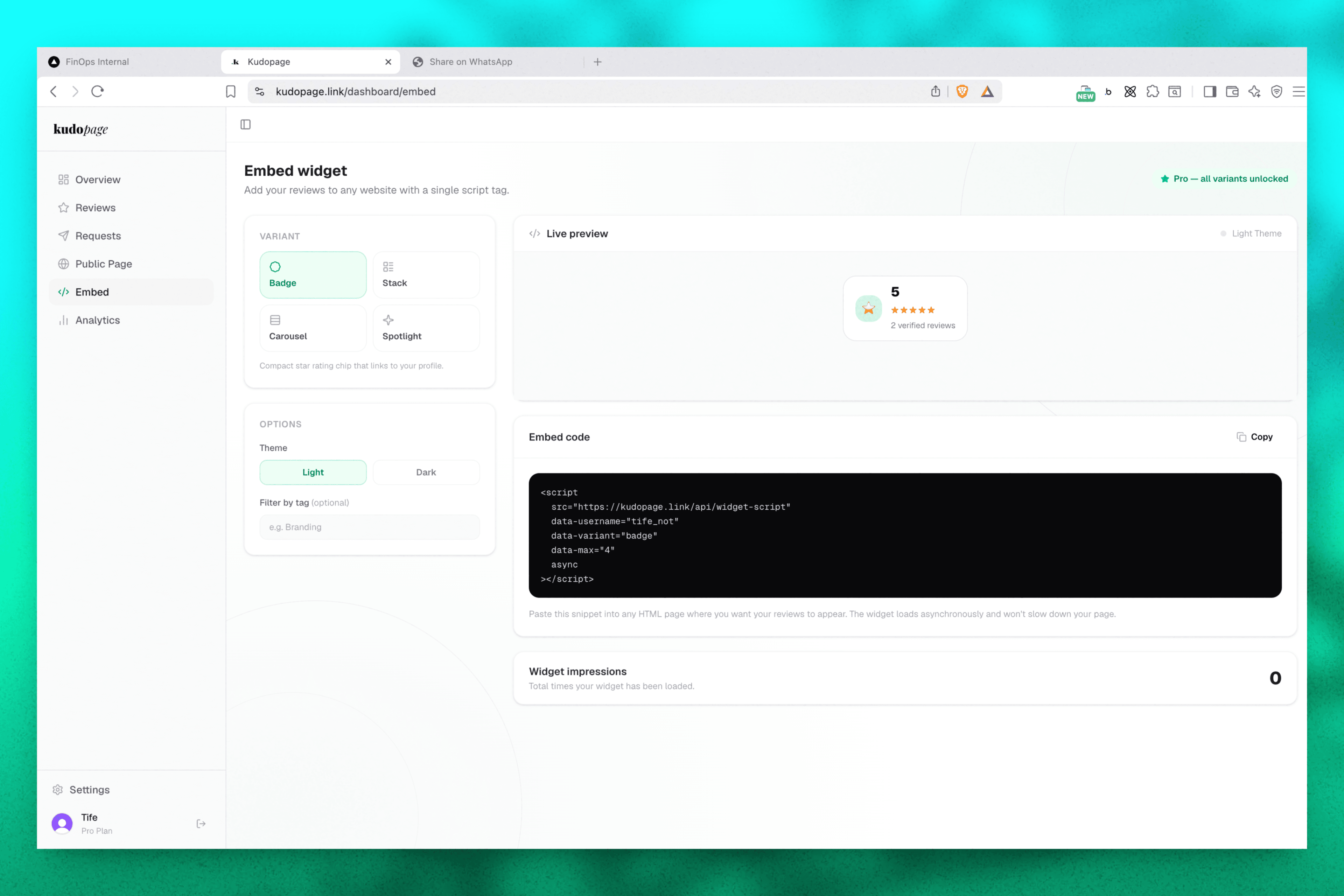 Embed Widget — Set up page